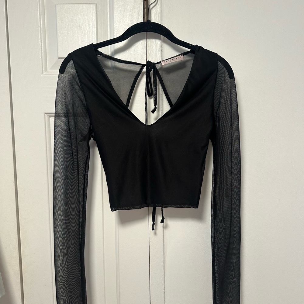 Blue Blush Black Sheer Sleeve Crop Top